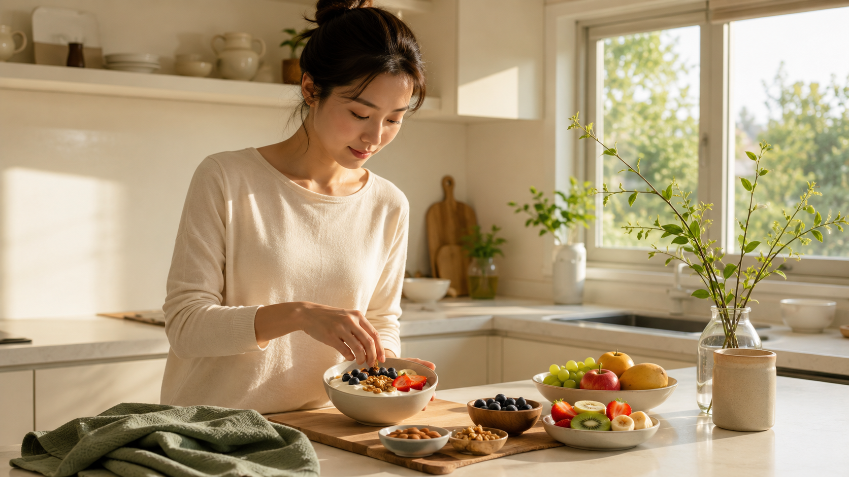 견과류 먹는 법과 요거트 과일 조합을 보여주는 아침 루틴 이미지