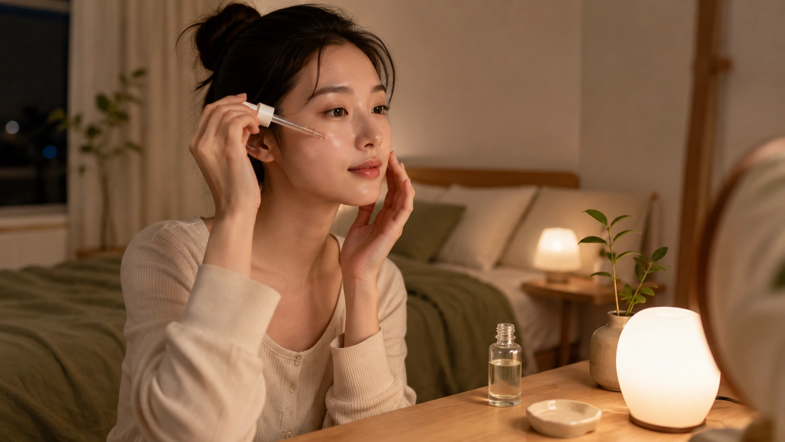 PDRN 화장품 사용 순서와 피부 탄력 관리를 보여주는 저녁 루틴 이미지