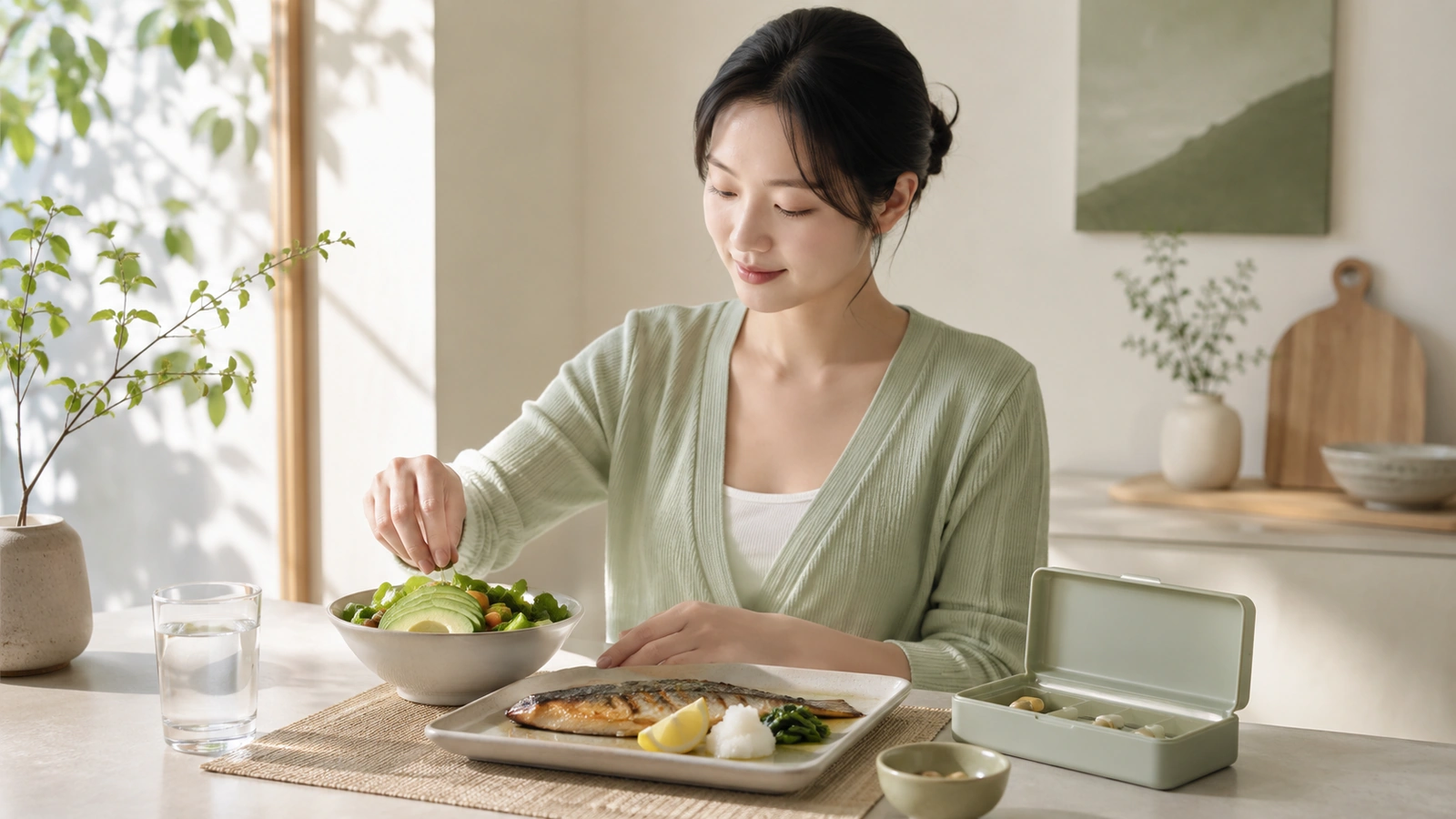 오메가3 섭취 시간과 식사 루틴을 보여주는 아침 웰니스 이미지