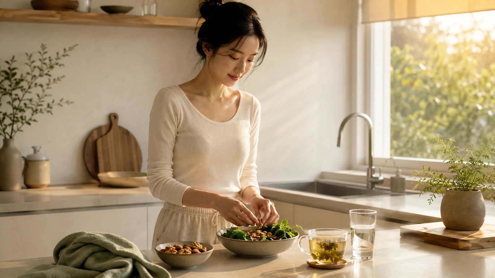 마그네슘 효능과 저녁 웰니스 루틴을 표현한 건강한 식단 이미지